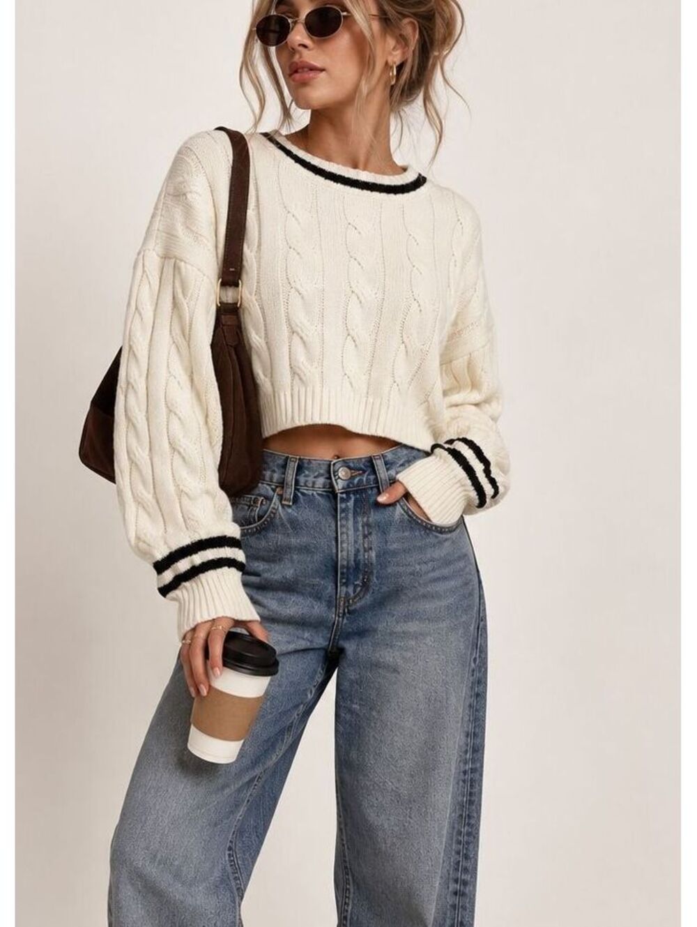 Cable Knit Cropped Sweater Ivory Black Varsity Fisherman Preppy Collegiate M